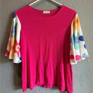 Southern Stitch Pink Women's Top with Bright Flowy Floral Sleeves